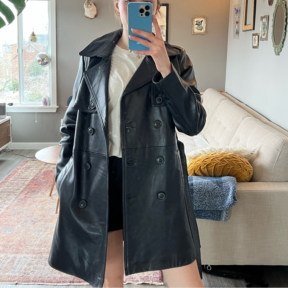 Gorgeous women’s black leather trench coat